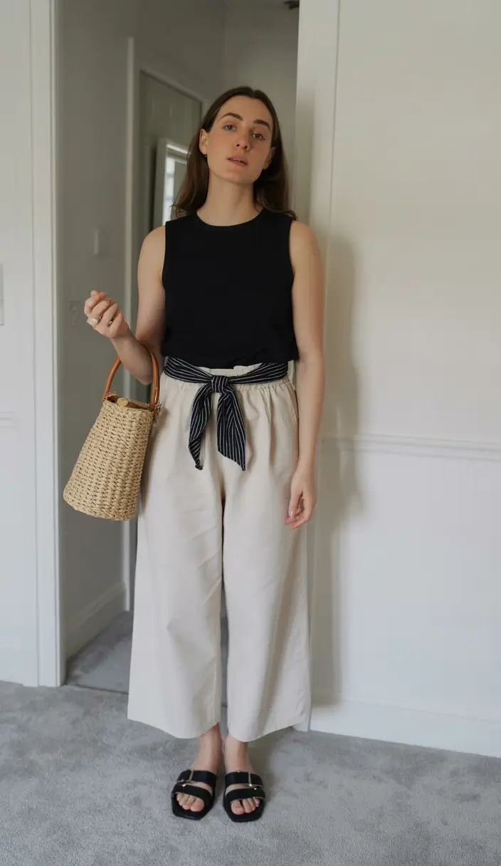 Summer outfits for work 2026 Minimal Black Top and Linen Trousers for Everyday Work Elegance