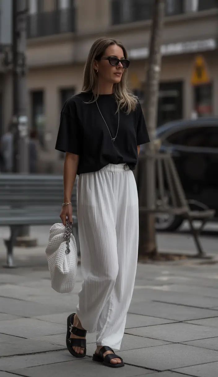 Summer outfits for work 2026 Relaxed Black Tee and Flowing Trousers for City Workdays