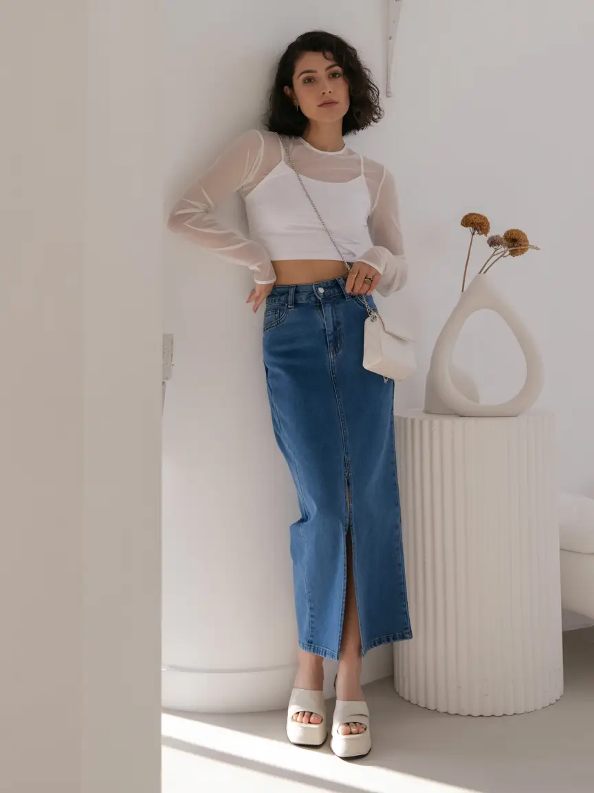 summer outfits with heels for women 2026 Denim skirt and sheer layers modern modest vibe