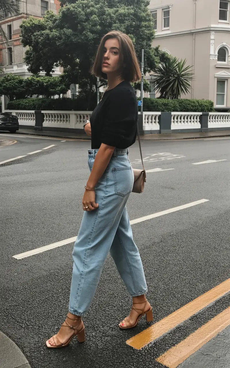 summer outfits with heels for women 2026 Black top and light denim city walk vibe