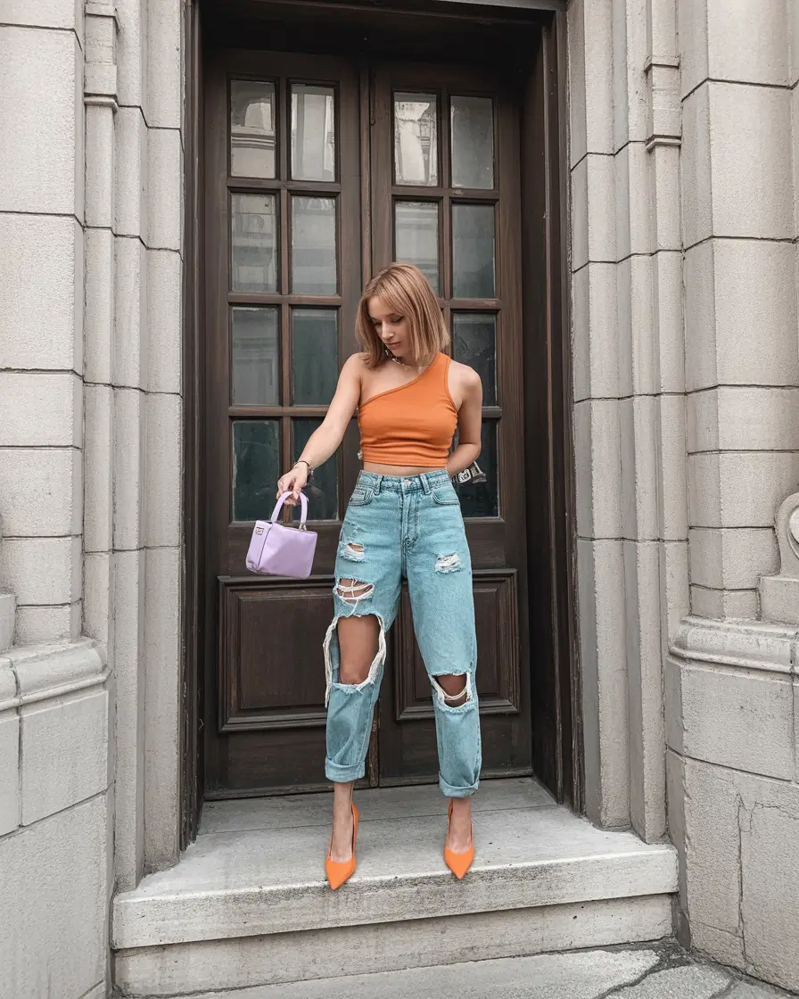 summer outfits with heels for women 2026 Orange top and distressed jeans bold summer contrast