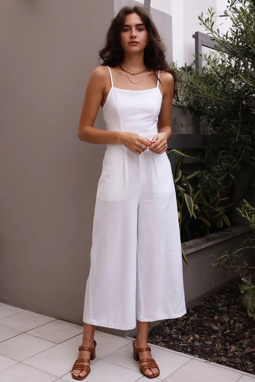 summer outfits with heels for women 2026 Soft white jumpsuit and understated elegance