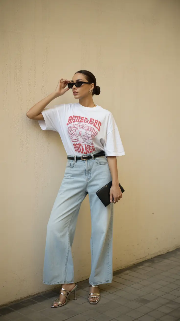 summer outfits with heels for women 2026 Relaxed jeans and graphic tee with heels twist