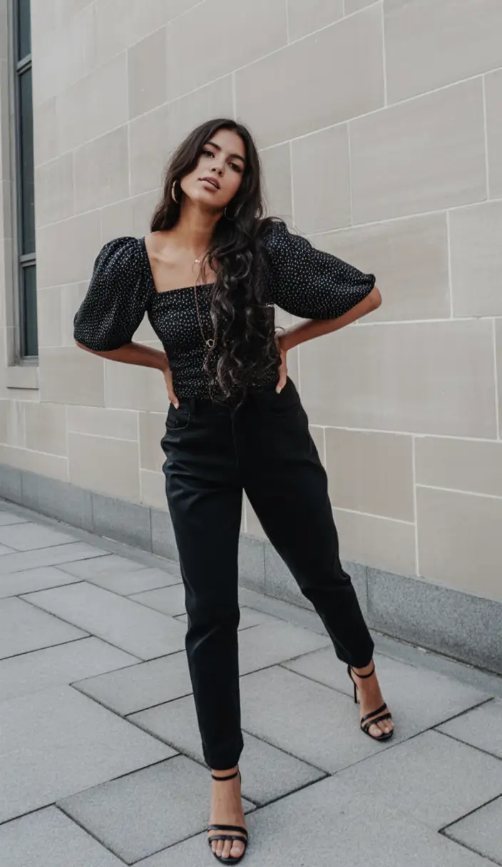 summer outfits with heels for women 2026 All black sleek silhouette with statement sleeves