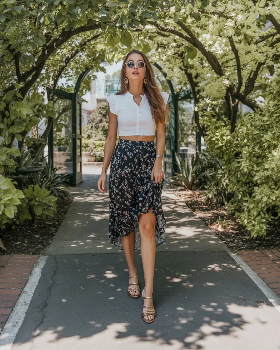 summer outfits with heels for women 2026 Romantic skirt and cropped blouse summer ease