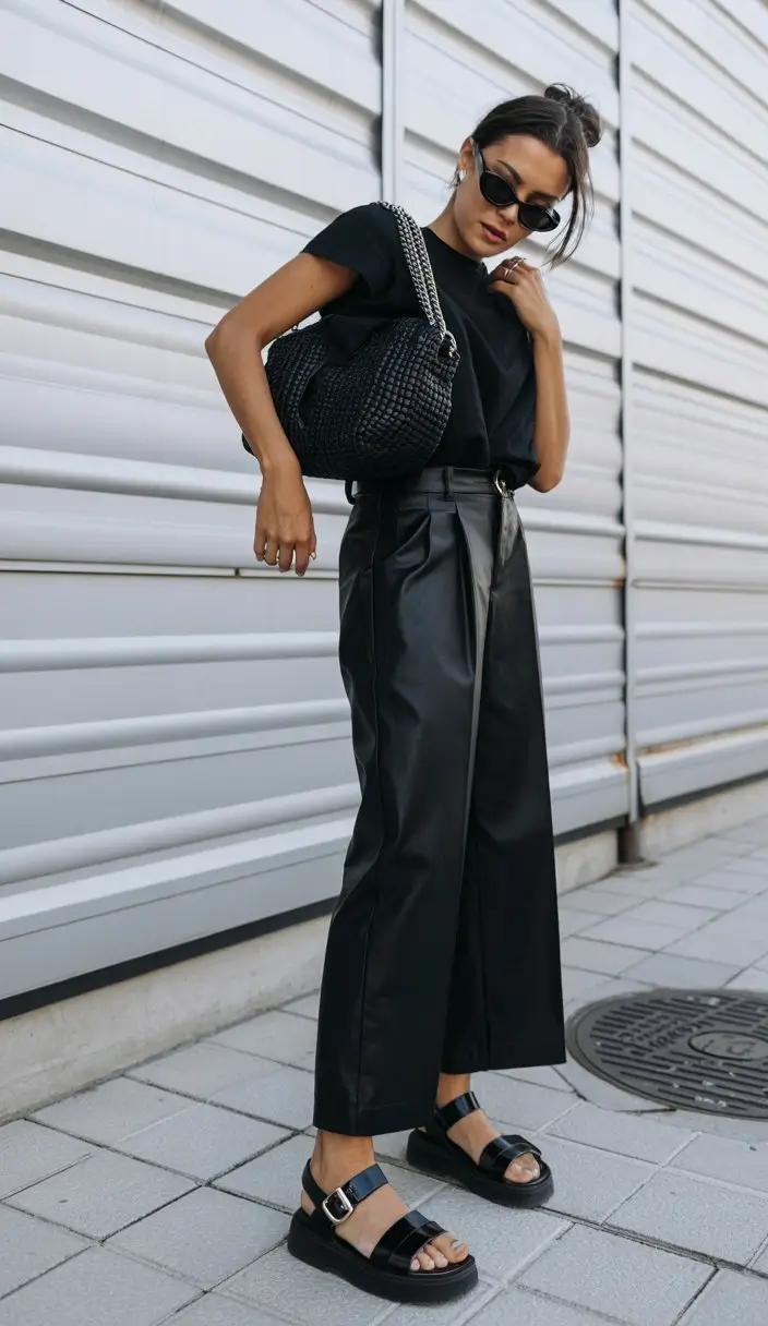 summer outfits with sandals for women 2026 Minimal black outfit with chunky fisherman sandals