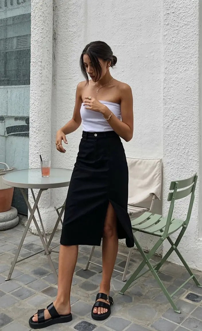 summer outfits with sandals for women 2026 Tube top and midi skirt with classic black sandals