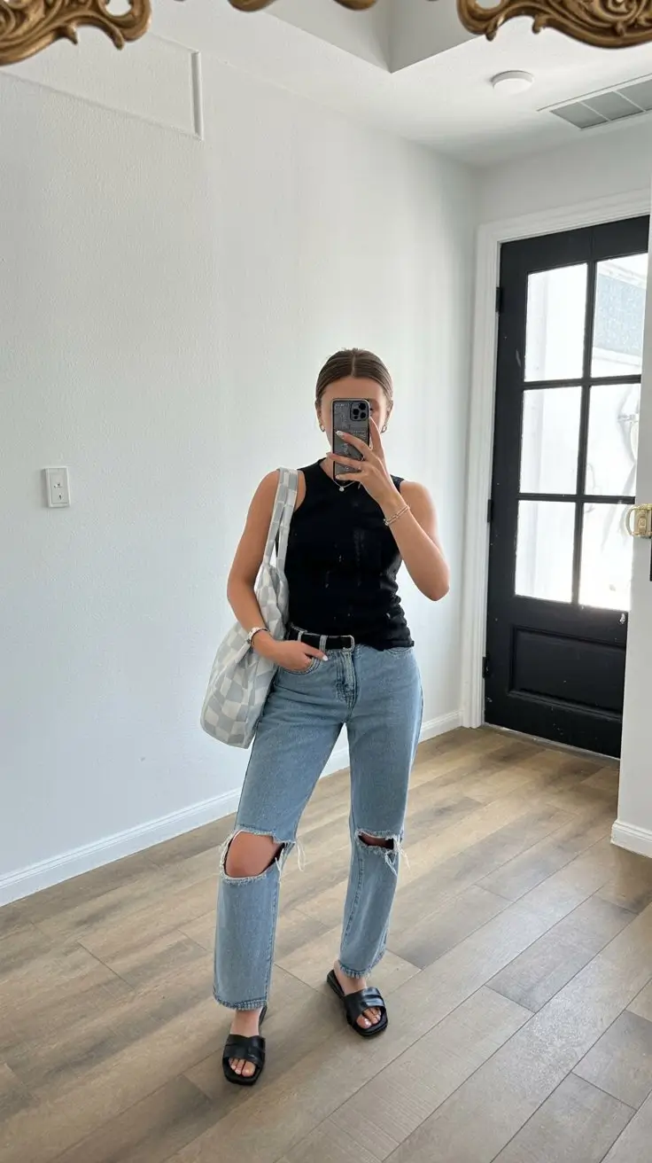summer outfits with sandals for women 2026 Casual ripped jeans look with minimal black sandals