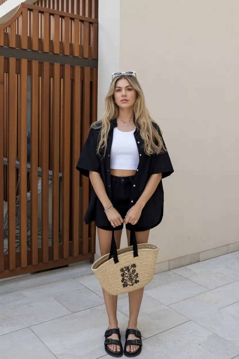 summer outfits with sandals for women 2026 Black shorts set with oversized shirt and birkenstock sandals