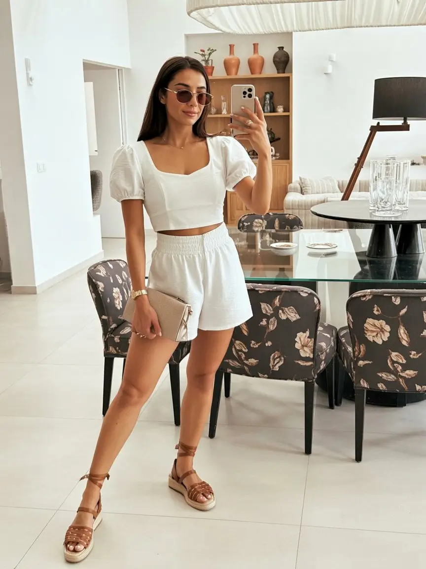 summer outfits with sandals for women 2026 All white summer set with lace up sandals