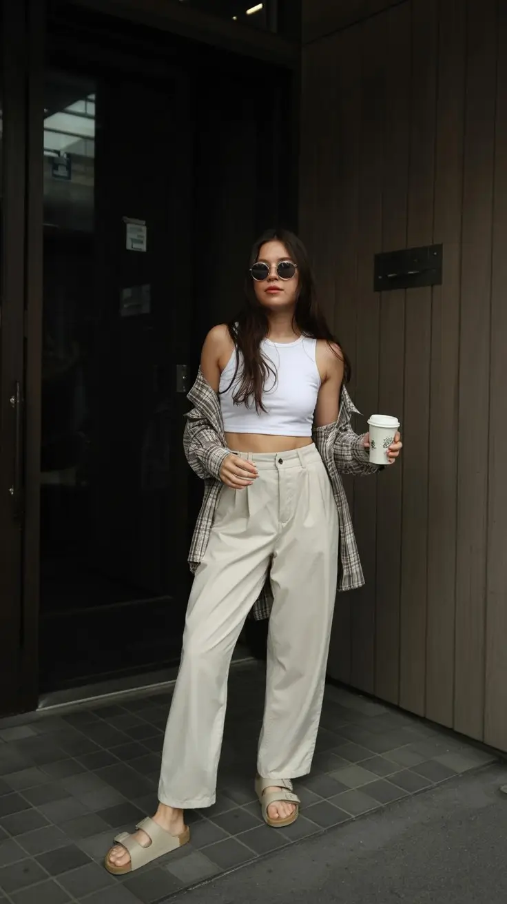 summer outfits with sandals for women 2026 Relaxed trousers with crop top and neutral sandals