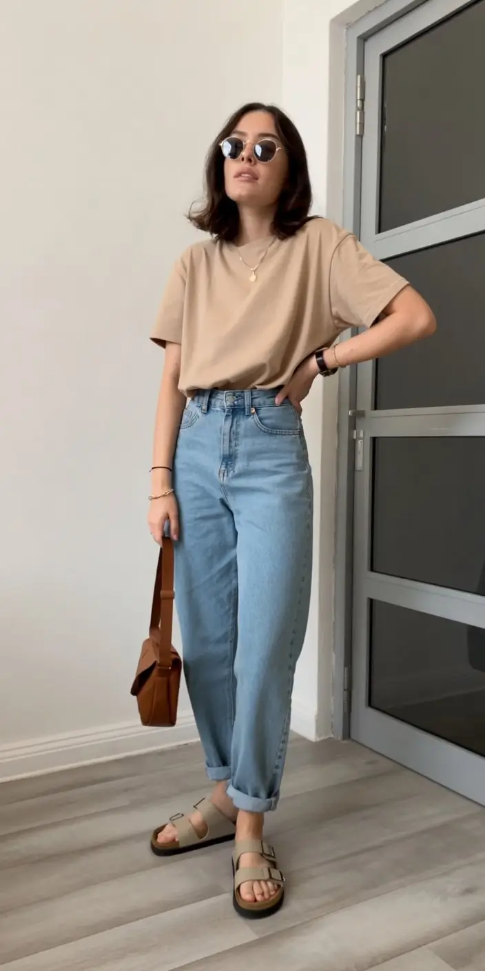 summer outfits with sandals for women 2026 Classic beige tee with straight jeans and neutral sandals