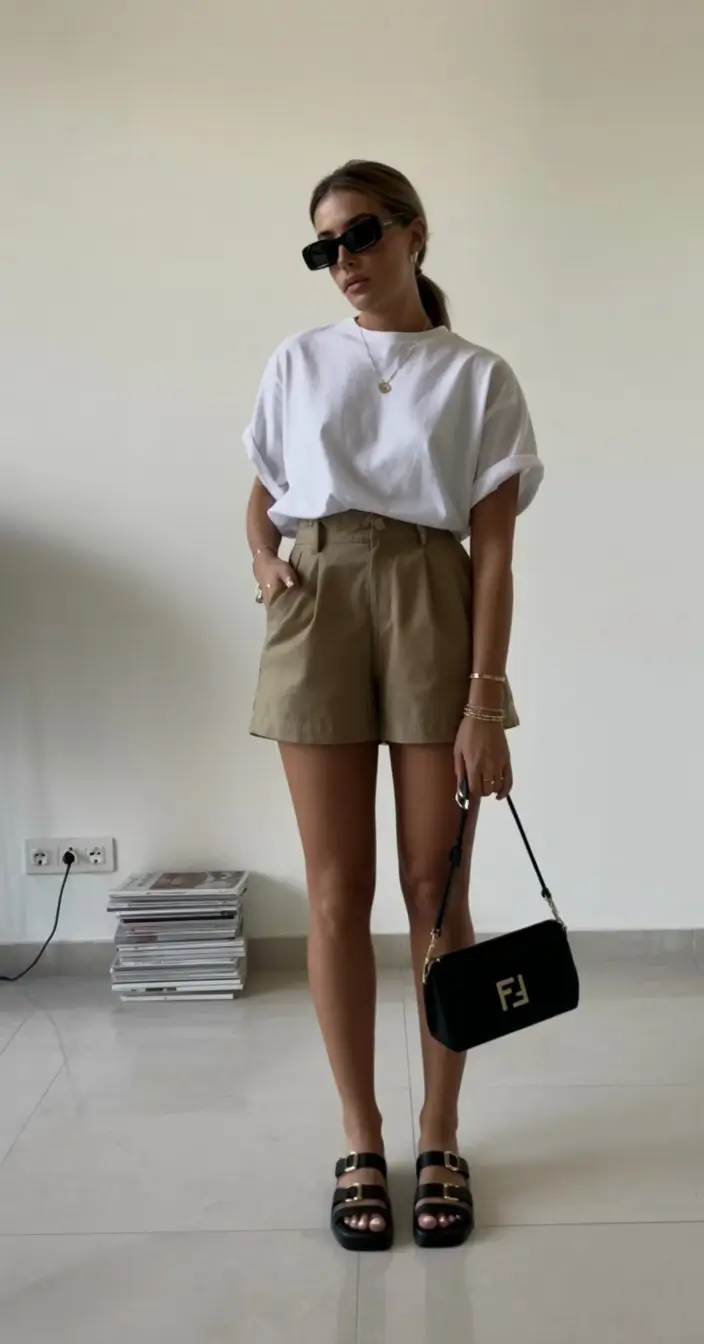 summer outfits with sandals for women 2026 White tee with tailored shorts and black double strap sandals