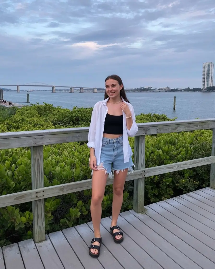 summer outfits with sandals for women 2026 Relaxed denim shorts look with classic sandals