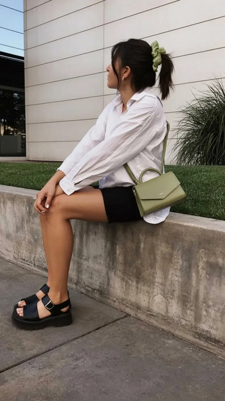 summer outfits with sandals for women 2026 Oversized shirt with biker shorts and chunky fisherman sandals