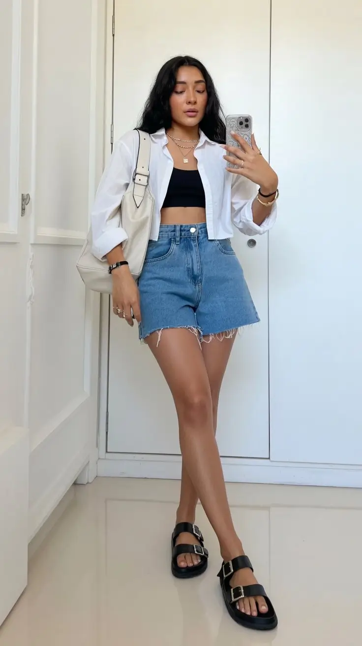 summer outfits with sandals for women 2026 Denim shorts with cropped shirt and chunky black sandals