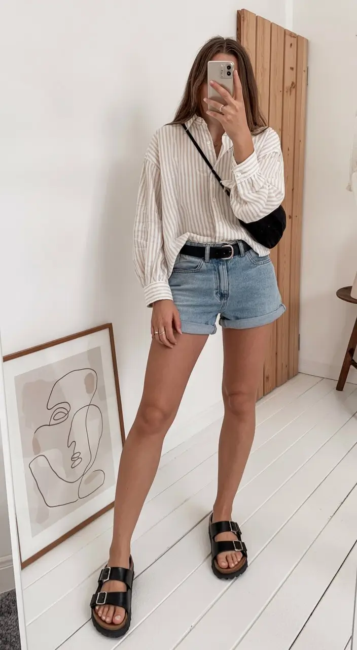 summer outfits with sandals for women 2026 Striped shirt and denim shorts everyday outfit