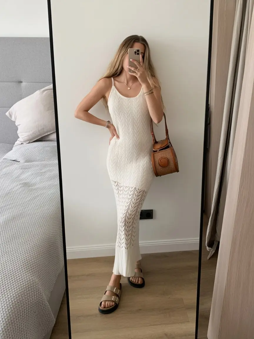 summer outfits with sandals for women 2026 Soft knit dress paired with neutral sandals