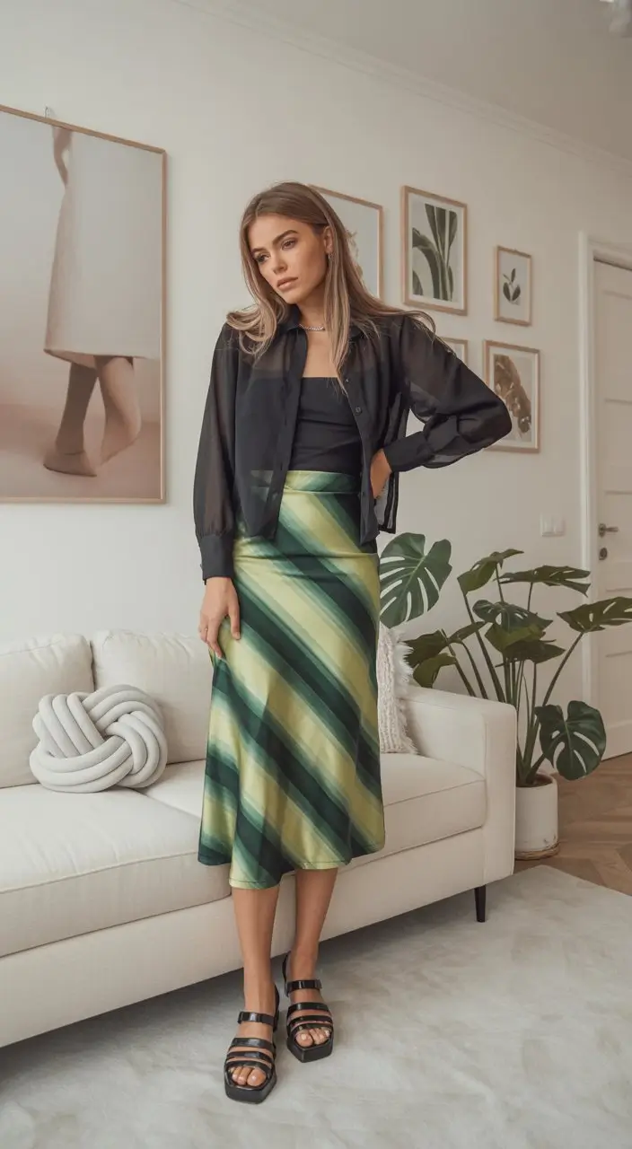 summer outfits with sandals for women 2026 Sheer shirt and satin skirt with fisherman sandals