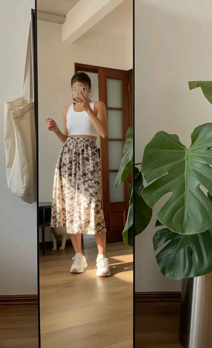 summer outfits with sneakers for women 2026 Soft beige skirt and white sneakers everyday balance