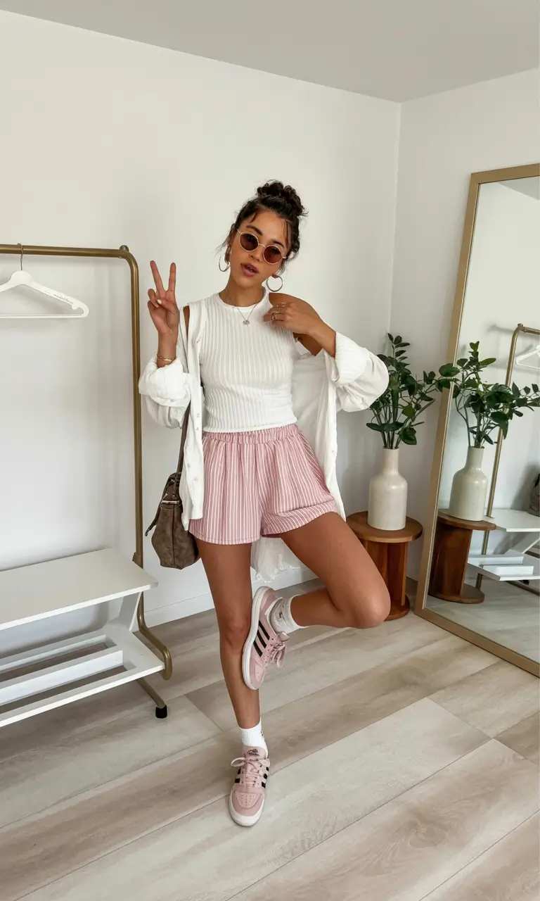 summer outfits with sneakers for women 2026 Pink striped shorts and white layers soft feminine casual