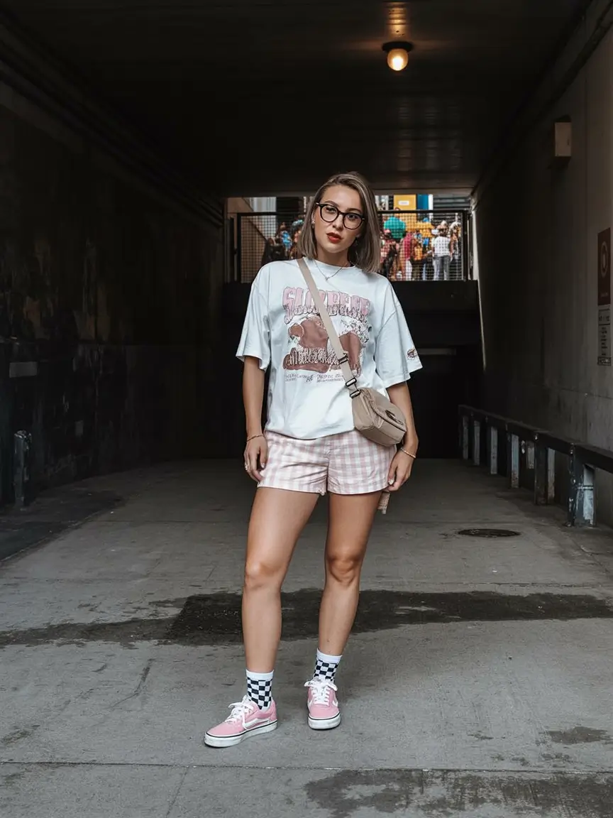 summer outfits with sneakers for women 2026 Graphic tee and pink shorts relaxed street personality