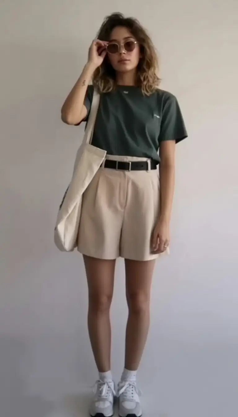 summer outfits with sneakers for women 2026 Green tee and beige shorts clean smart casual balance