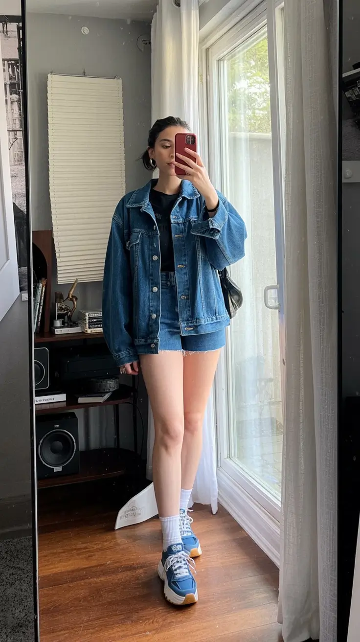 summer outfits with sneakers for women 2026 Denim jacket and mini skirt layered casual cool