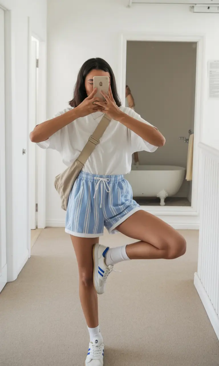 summer outfits with sneakers for women 2026 Light blue striped shorts and white tee easy summer comfort