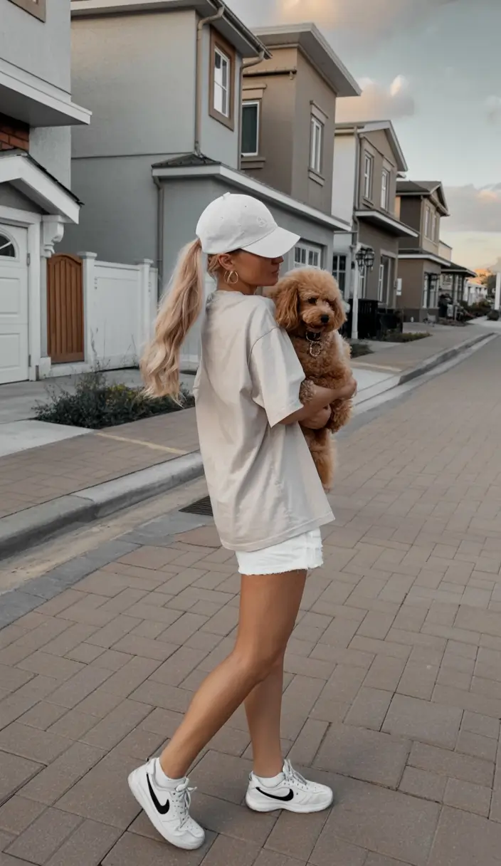 summer outfits with sneakers for women 2026 Beige oversized tee and white sneakers soft neutral walk look