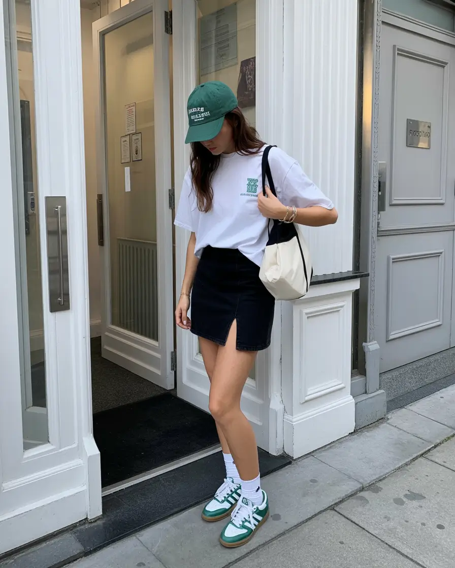 summer outfits with sneakers for women 2026 White tee and black mini skirt sharp casual contrast