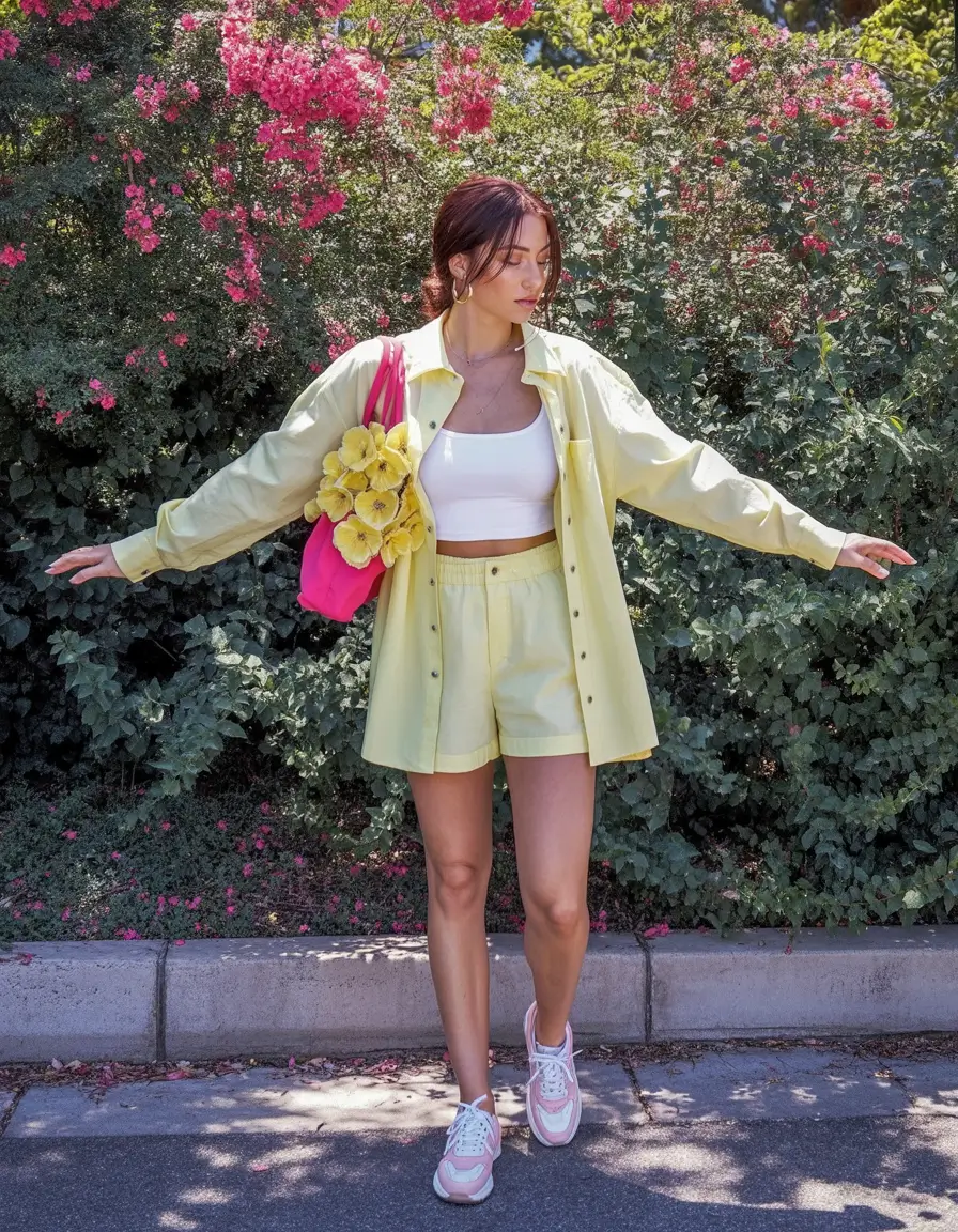 summer outfits with sneakers for women 2026 Yellow matching set with pink sneakers playful summer energy