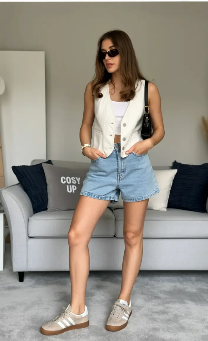 summer outfits with sneakers for women 2026 Light blue denim shorts and vest effortless city casual