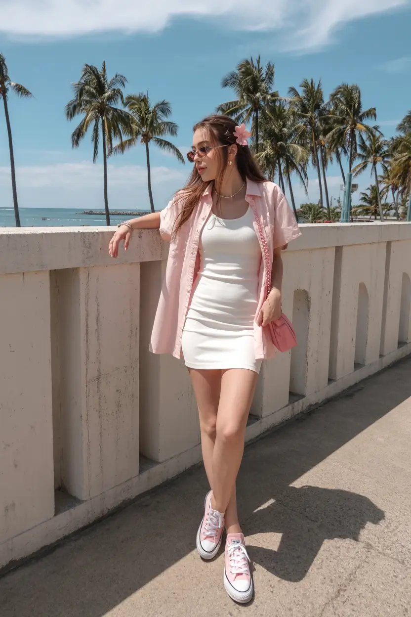 summer outfits with sneakers for women 2026 Pink shirt layered over white dress coastal summer mood