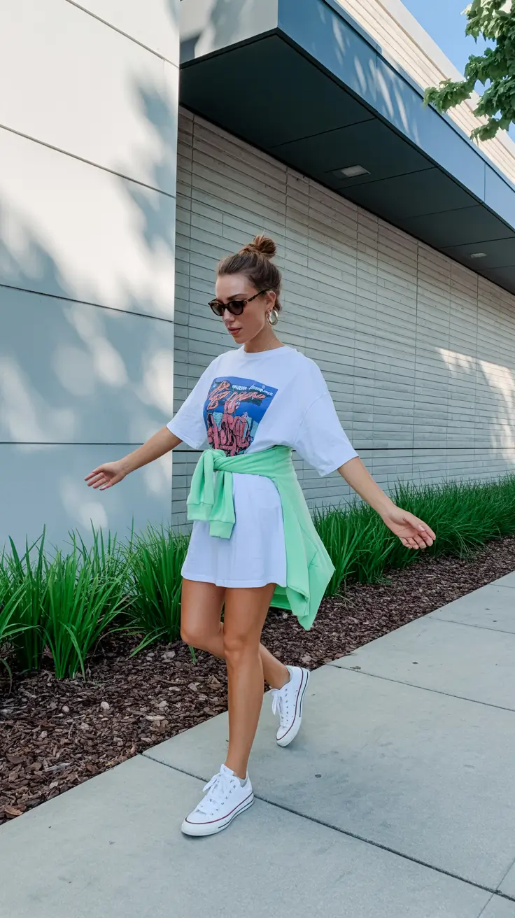 summer outfits with sneakers for women 2026 Oversized tee dress with green accent relaxed street energy