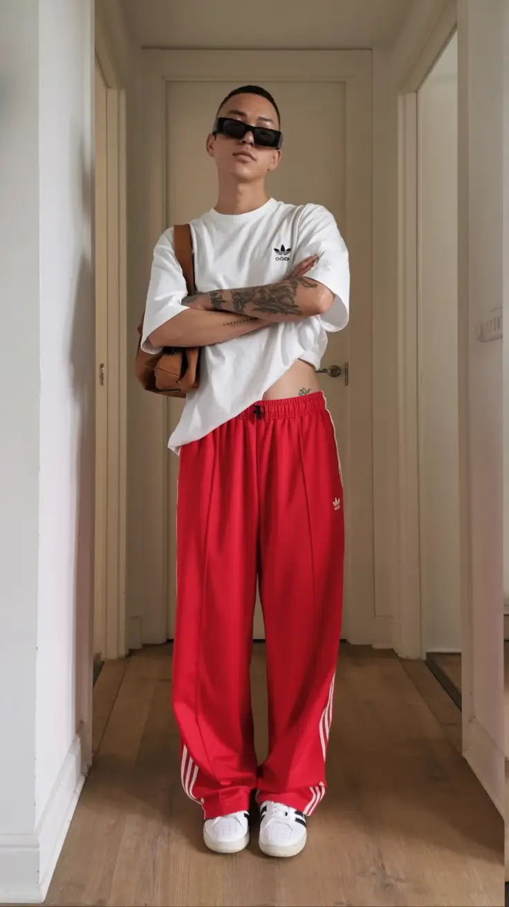 summer outfits with sneakers for women 2026 Red track pants and white sneakers bold street style mood