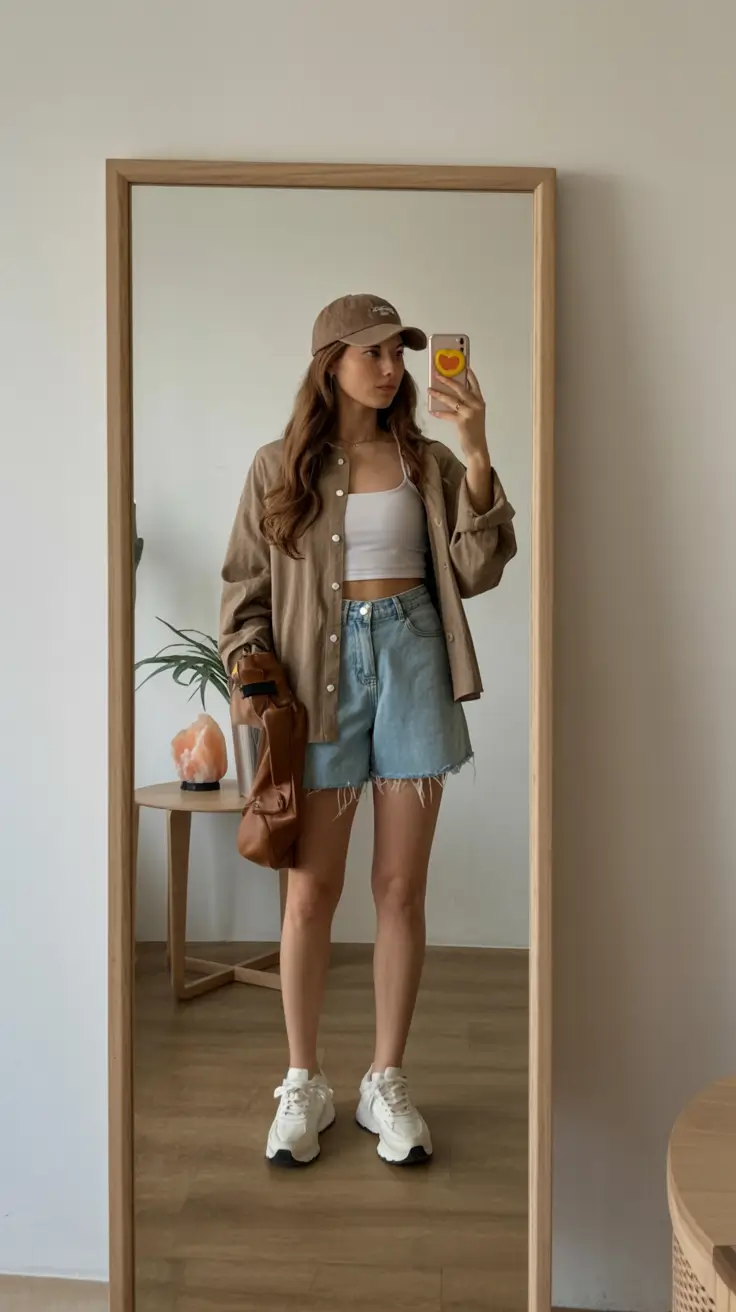 summer outfits with sneakers for women 2026 Beige shirt and denim shorts relaxed everyday casual