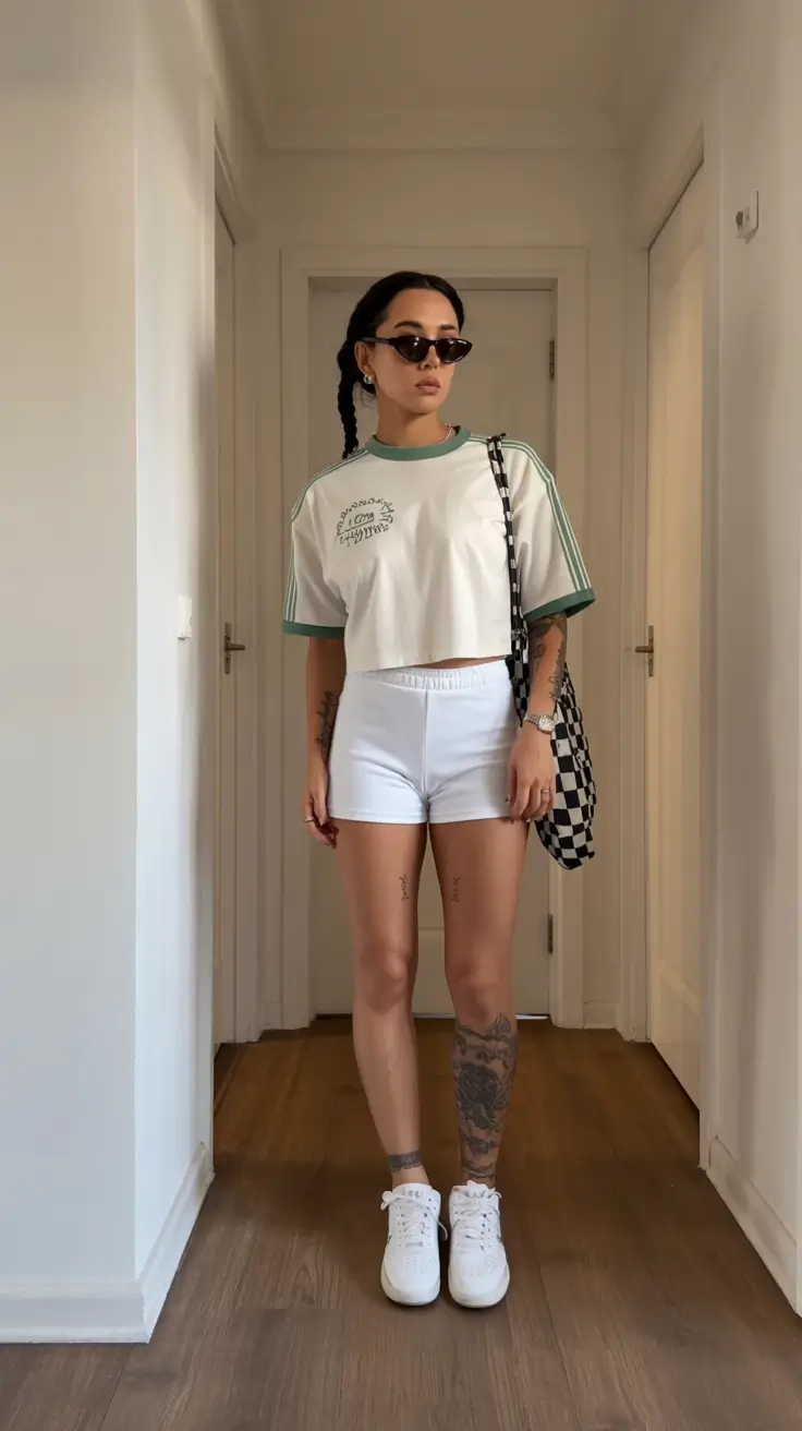 summer outfits with sneakers for women 2026 Sporty white and green set clean street style energy