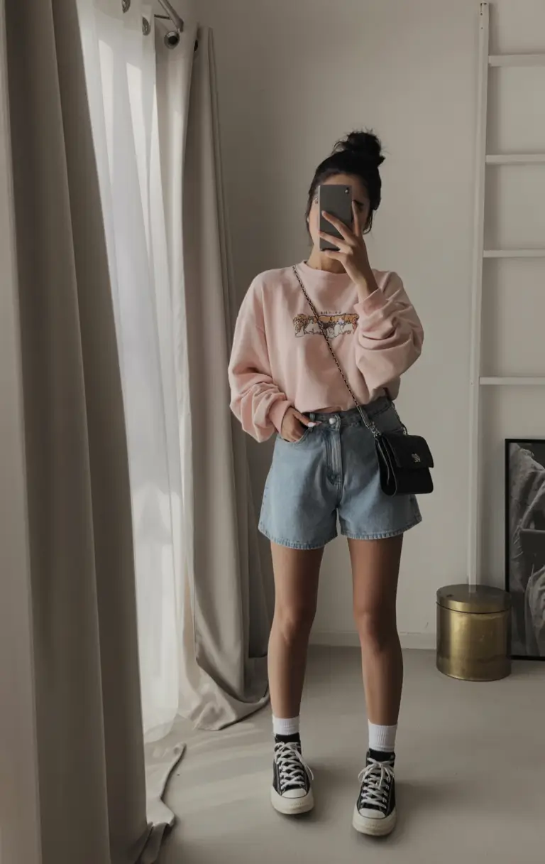 summer outfits with sneakers for women 2026 Pink sweatshirt and denim shorts soft casual layering