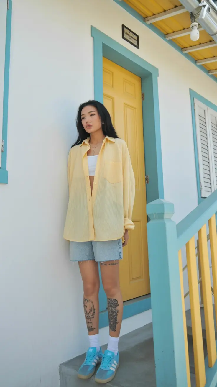 summer outfits with sneakers for women 2026 Yellow shirt and light denim shorts bright summer mood