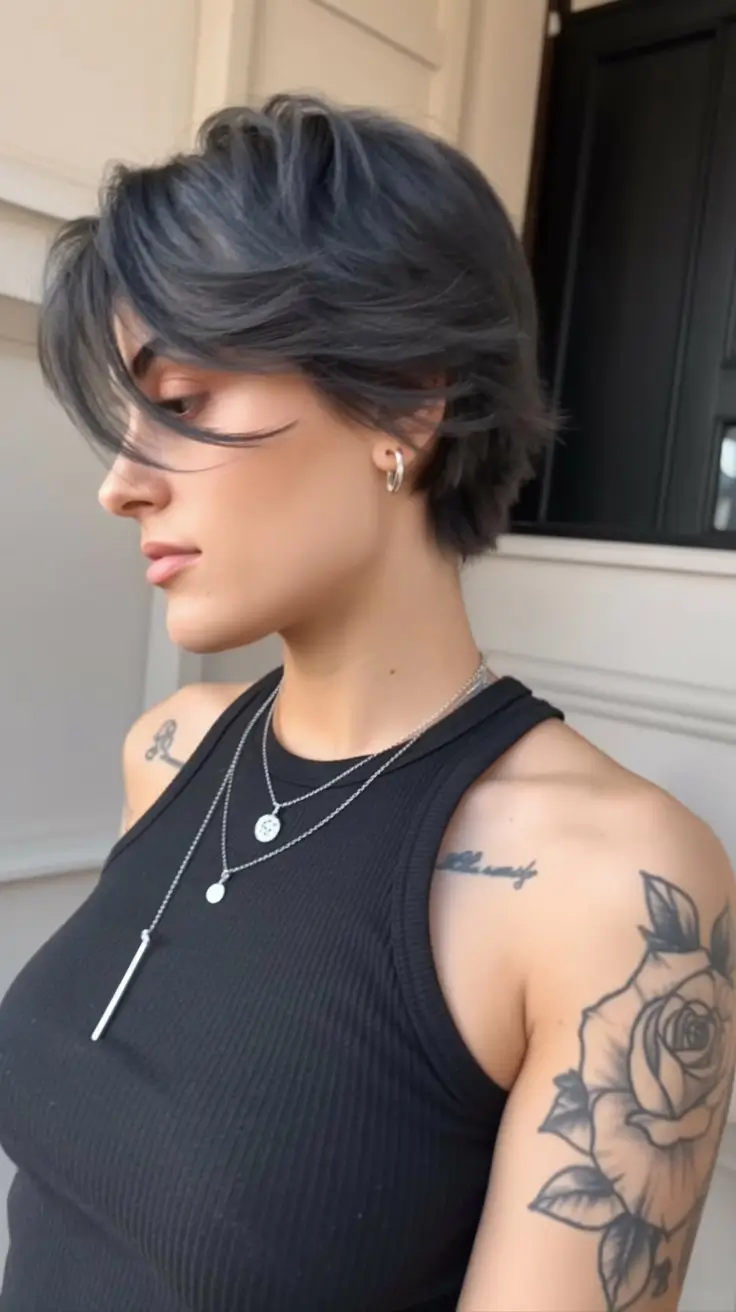 summer short haircut ideas 2026 Edgy Charcoal Pixie With Long Fringe