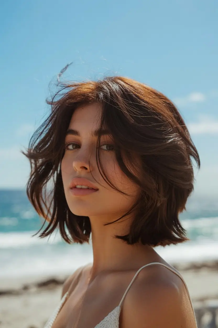 summer short haircut ideas 2026 Wind Swept Brunette Bob With Natural Texture