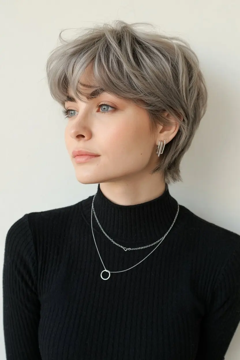 summer short haircut ideas 2026 Soft Silver Pixie With Wispy Bangs