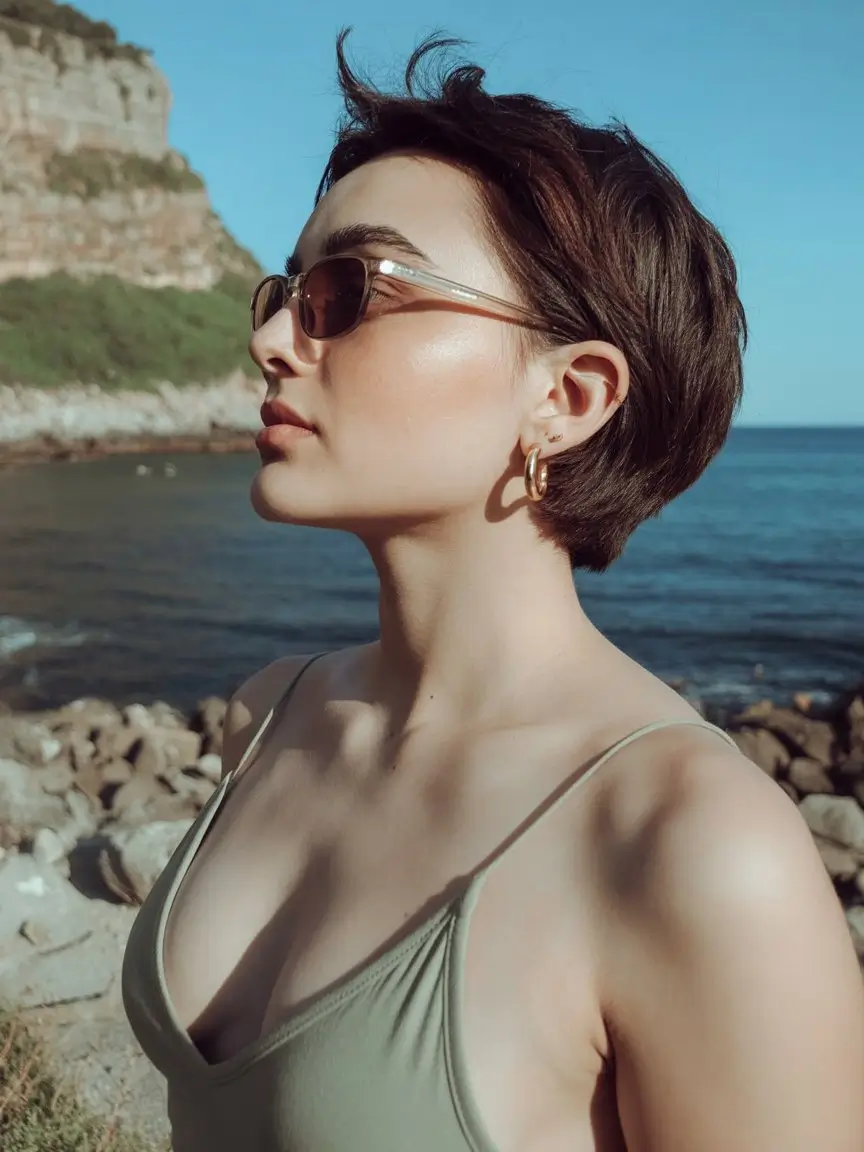 summer short haircut ideas 2026 Classic Brunette Pixie With Clean Contours