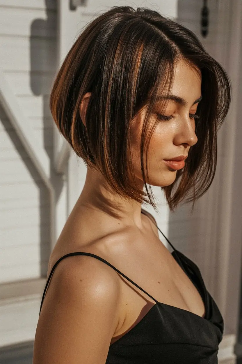 summer short haircut ideas 2026 Sleek Angled Bob With Face Framing Lines