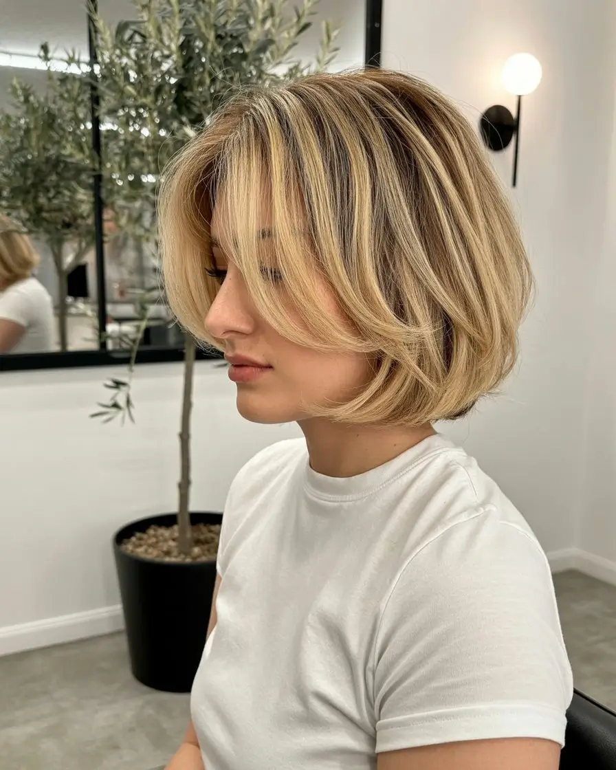 summer short haircut ideas 2026 Layered Blonde Bob With Soft Curtain Bangs