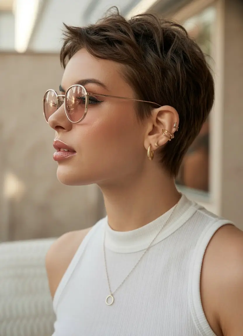 summer short haircut ideas 2026 Soft Brunette Pixie With Natural Volume