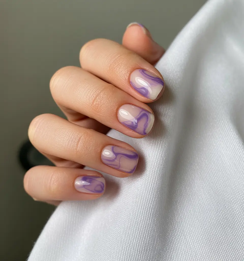 summer short nail inspo 2026 Soft Purple Swirls on Sheer Base