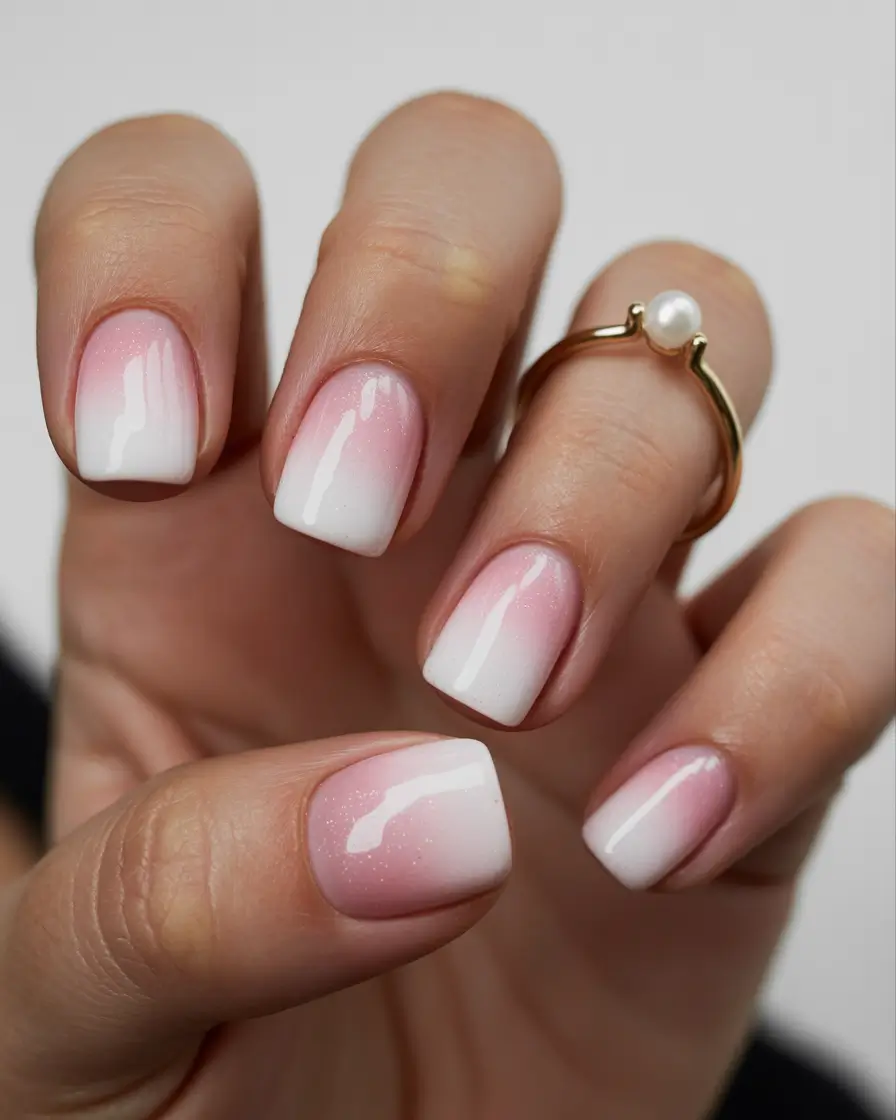 summer short nail inspo 2026 Pink and White Soft Ombre Square Nails