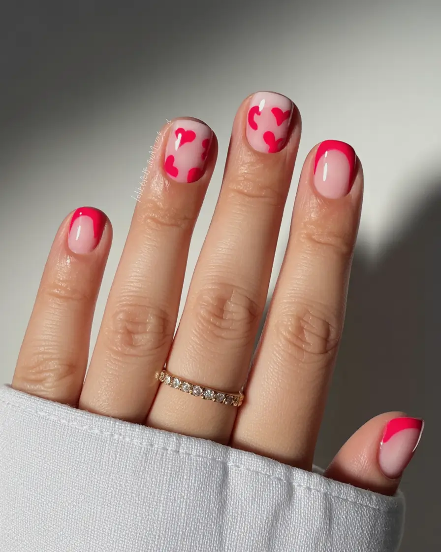summer short nail inspo 2026 Hot Pink French with Playful Heart Accents